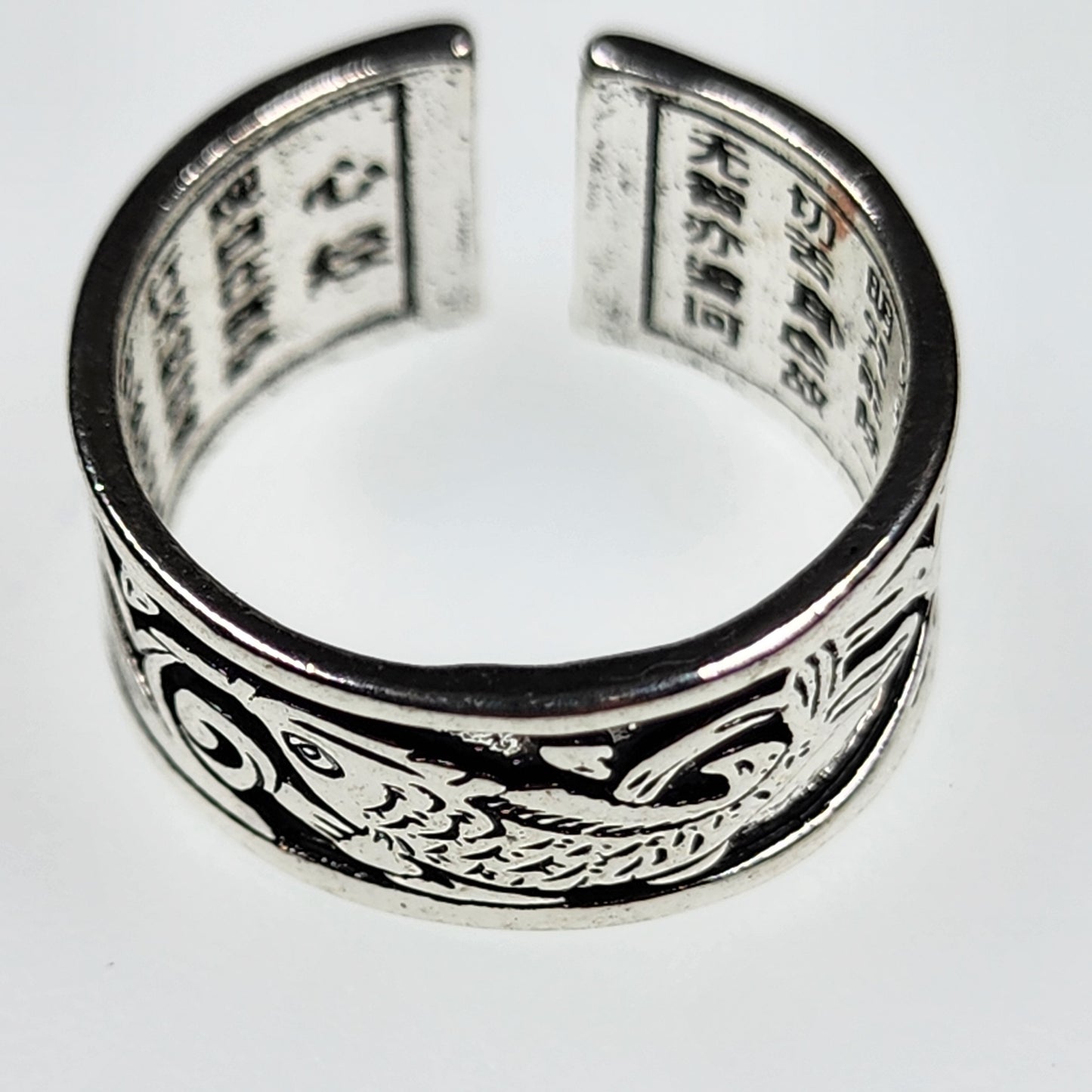 Koi Fish Adjustable Silver Ring of Abundance, Engraved with Heart Sutra
