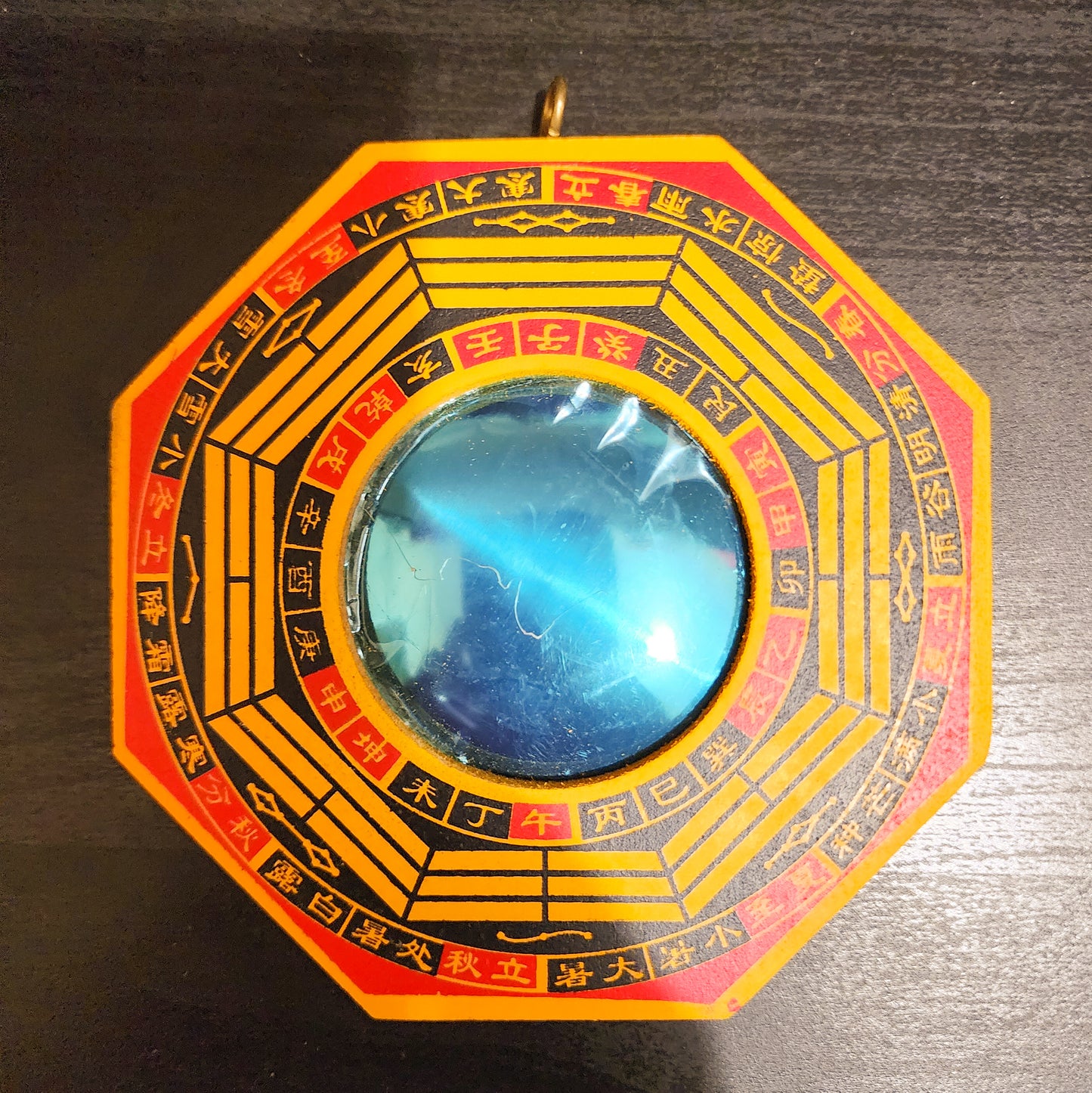 Vintage Style Bagua Mirror with 24 Mountains Symbols - Yellow with Auspicious Red Highlights