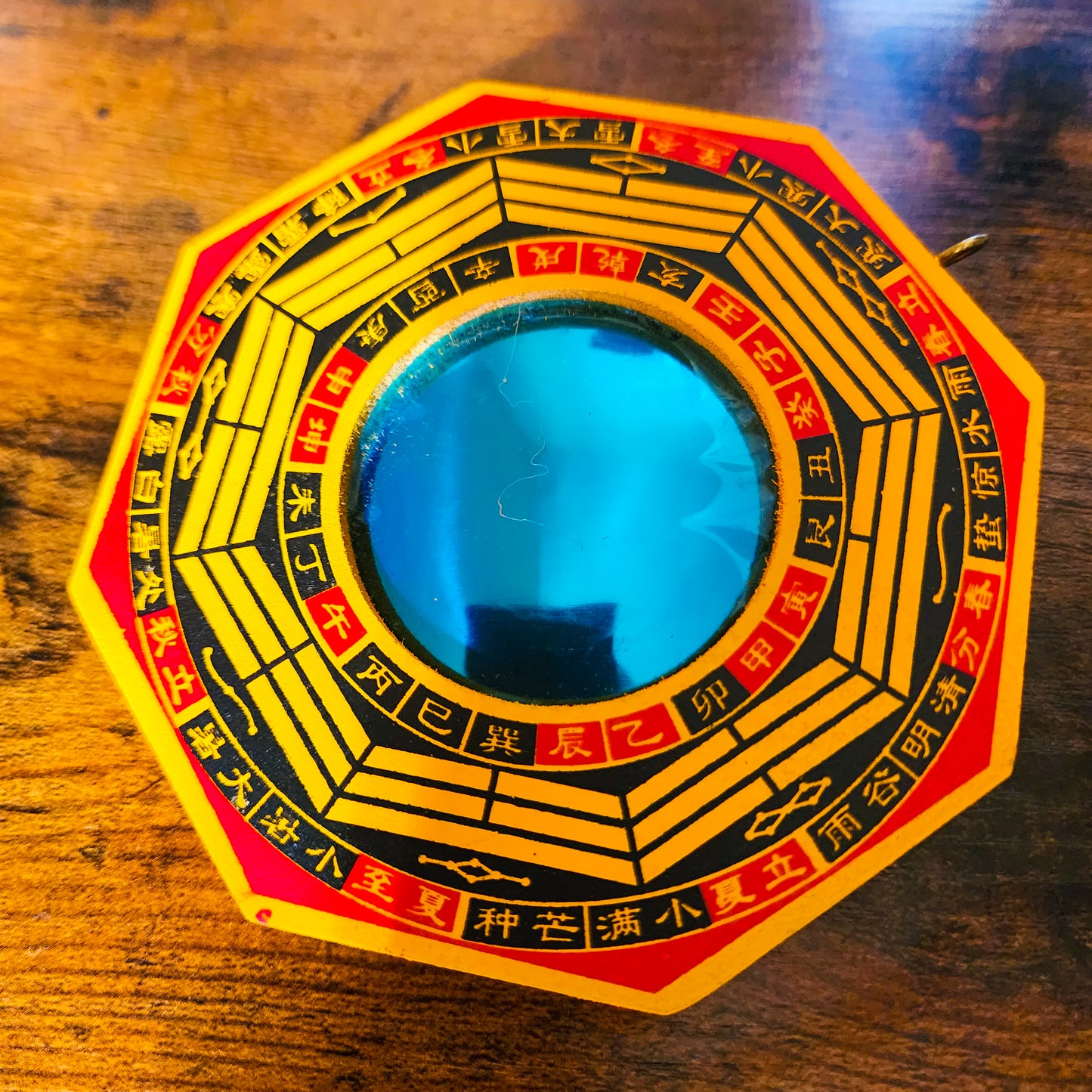 Vintage Style Bagua Mirror with 24 Mountains Symbols - Yellow with Auspicious Red Highlights