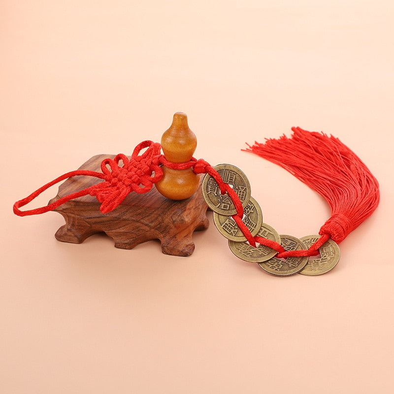 5 Emperor Coin Copper Charm with Red Tassel for Hanger Décor
