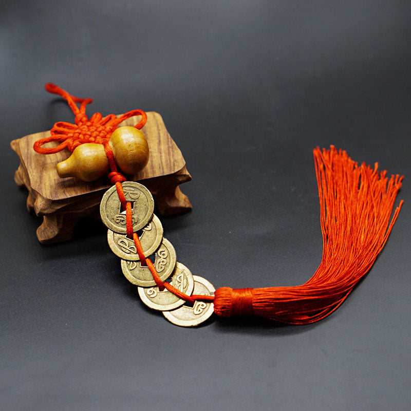 5 Emperor Coin Copper Charm with Red Tassel for Hanger Décor