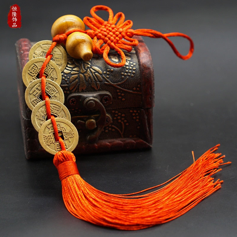 5 Emperor Coin Copper Charm with Red Tassel for Hanger Décor