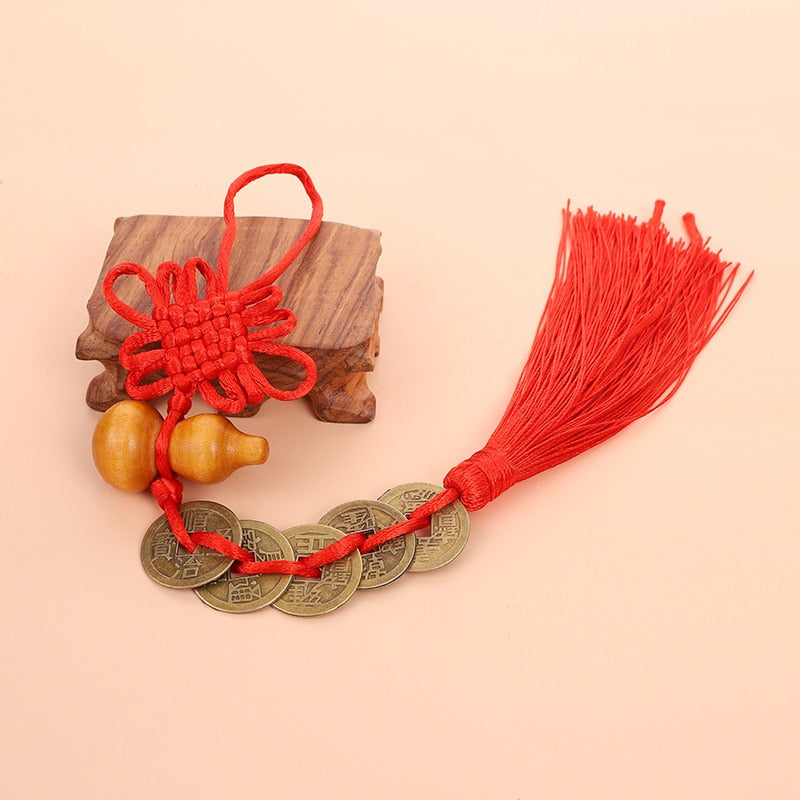 5 Emperor Coin Copper Charm with Red Tassel for Hanger Décor