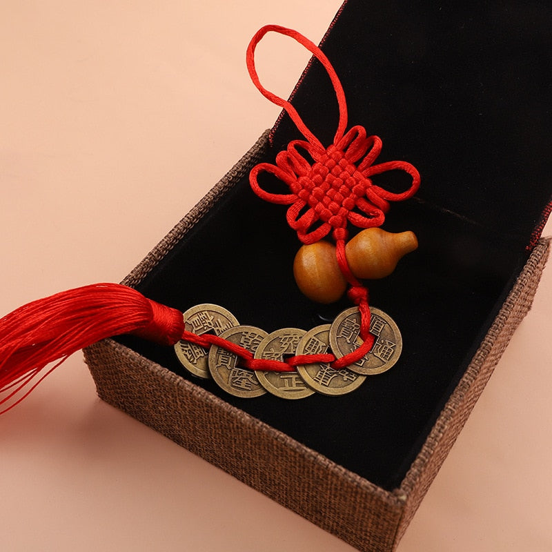 5 Emperor Coin Copper Charm with Red Tassel for Hanger Décor