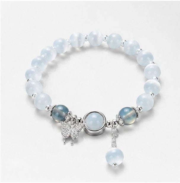 Natural Aquamarine Gray Moonstone Cat's Eye Crystal Bracelet | Women's Dainty Feng Shui Balance Bracelet with Butterfly Charm