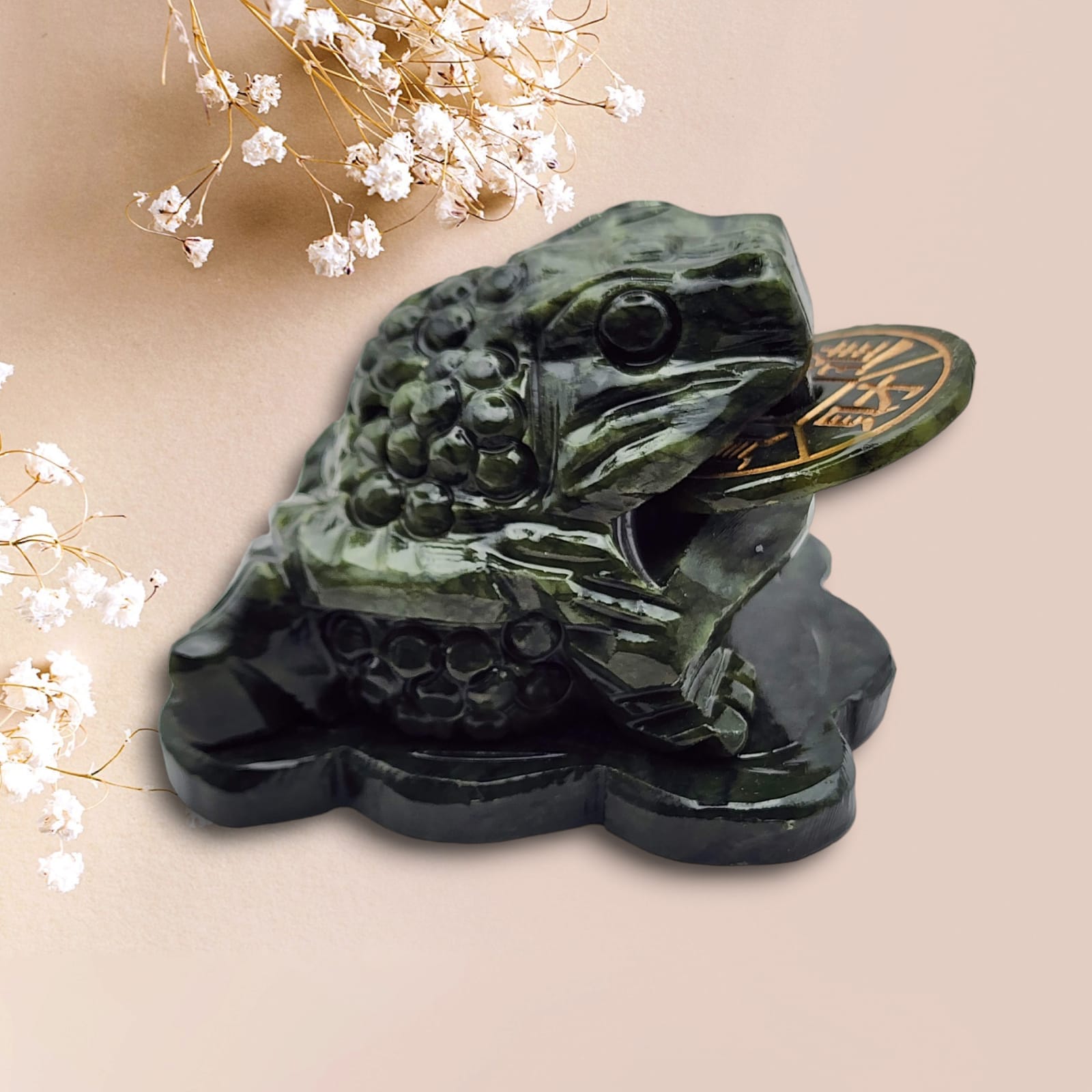 Rare 3 legged toad, Feng Shui symbol of wealth store ,carved in green jade and hung on a matching leather cord.