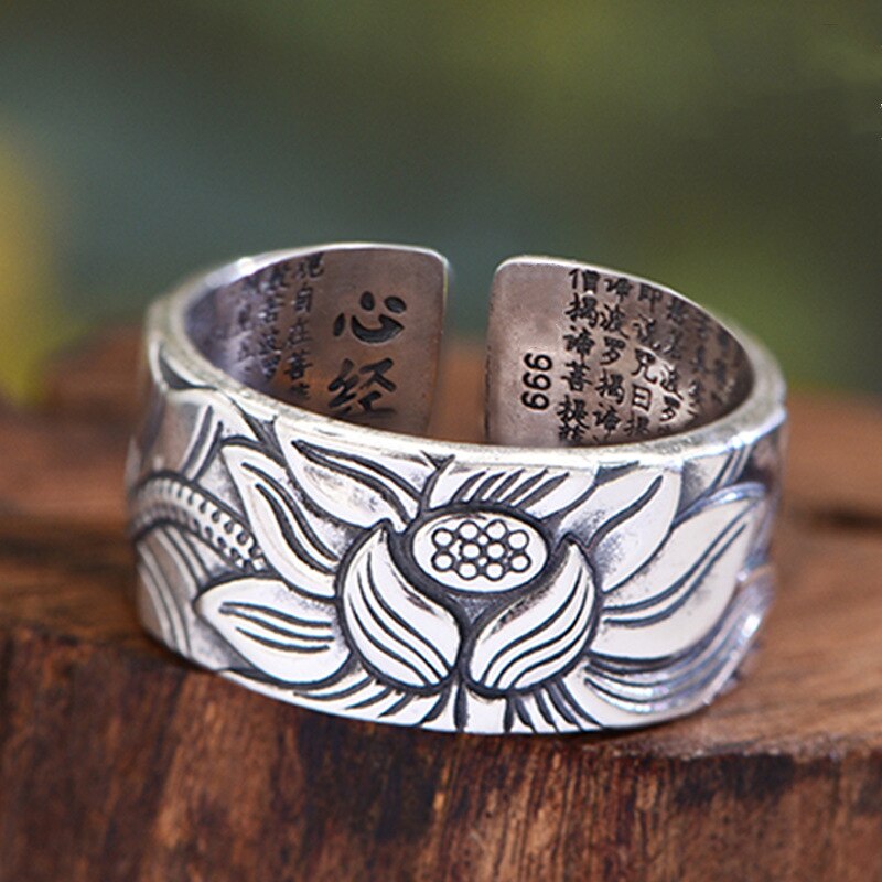 Lotus Flower Adjustable Silver Ring Engraved with Heart Sutra