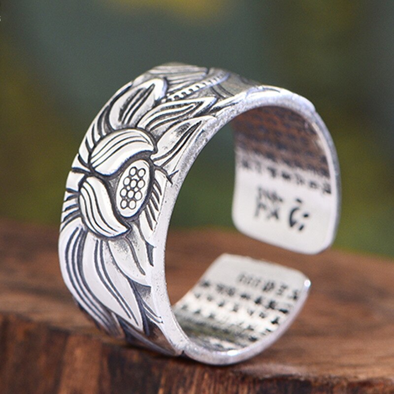 Lotus Flower Adjustable Silver Ring Engraved with Heart Sutra