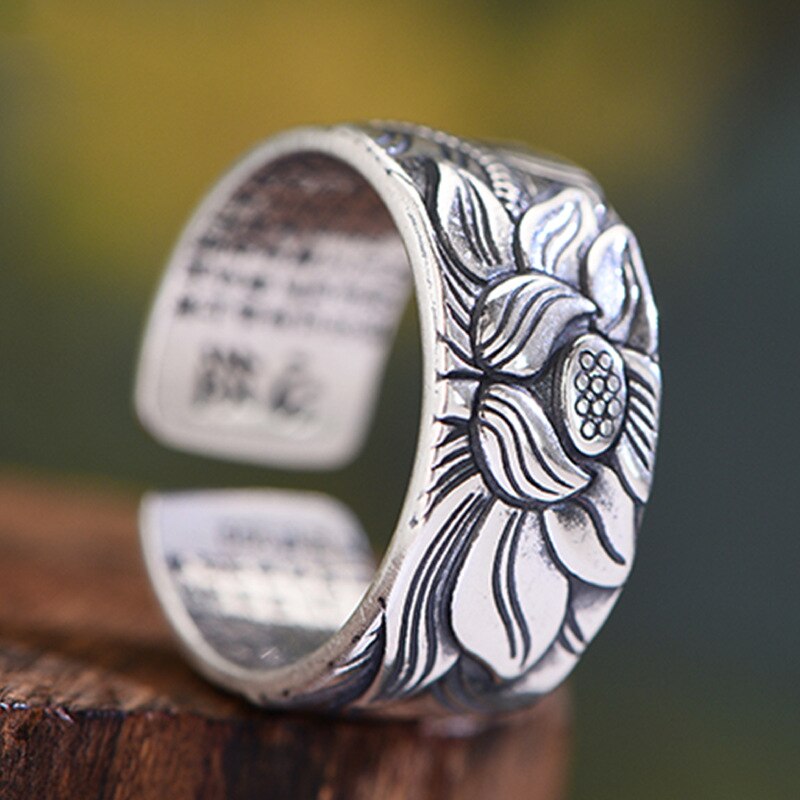Lotus Flower Adjustable Silver Ring Engraved with Heart Sutra