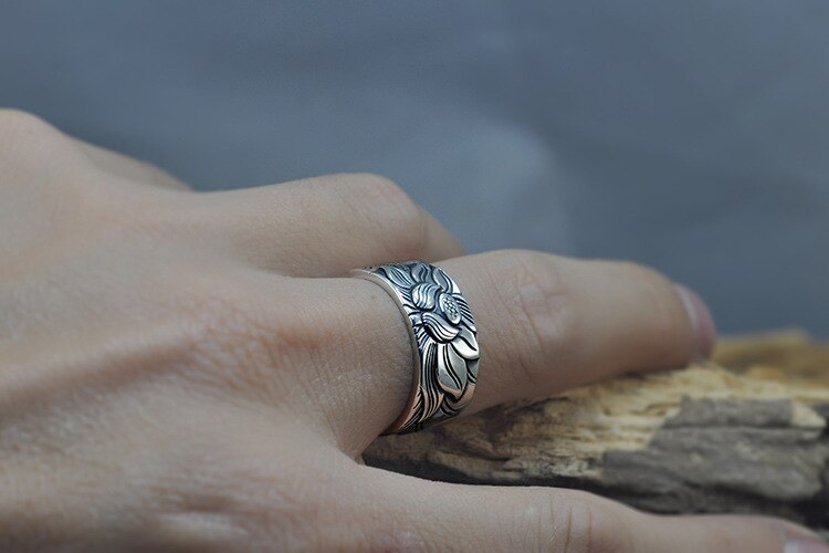 Lotus Flower Adjustable Silver Ring Engraved with Heart Sutra