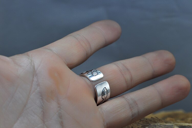Lotus Flower Adjustable Silver Ring Engraved with Heart Sutra