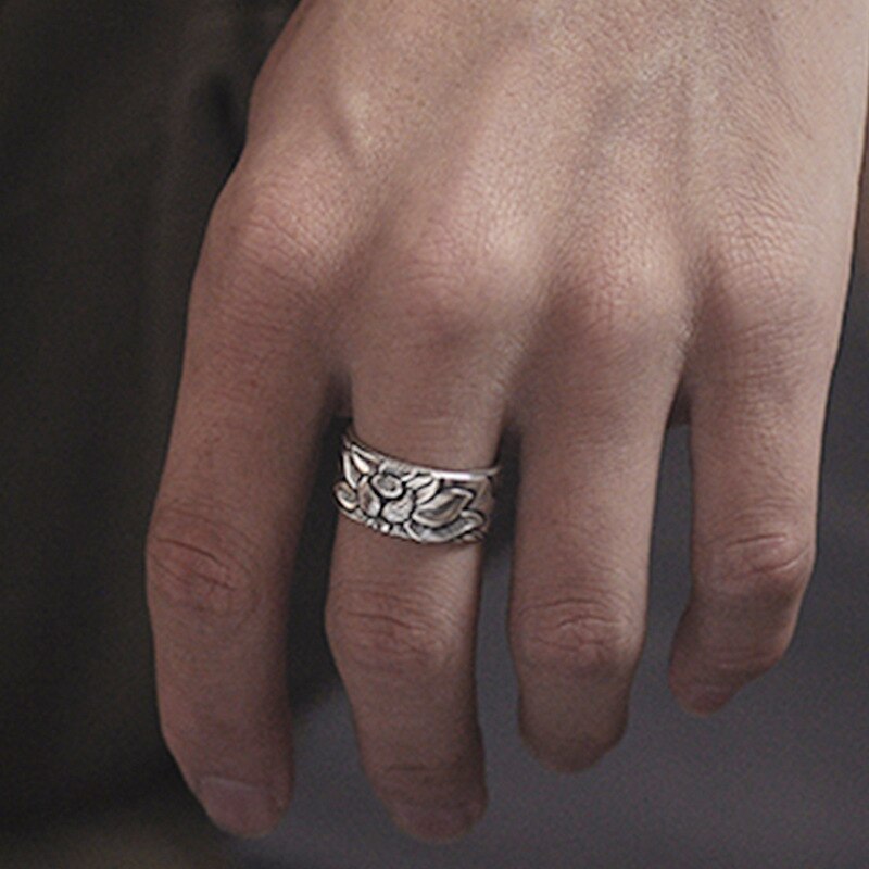 Lotus Flower Adjustable Silver Ring Engraved with Heart Sutra