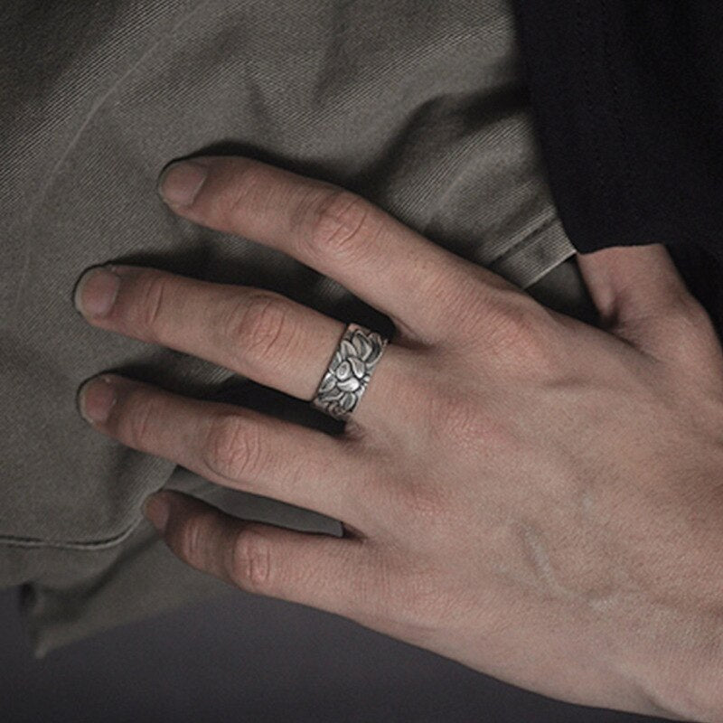 Lotus Flower Adjustable Silver Ring Engraved with Heart Sutra