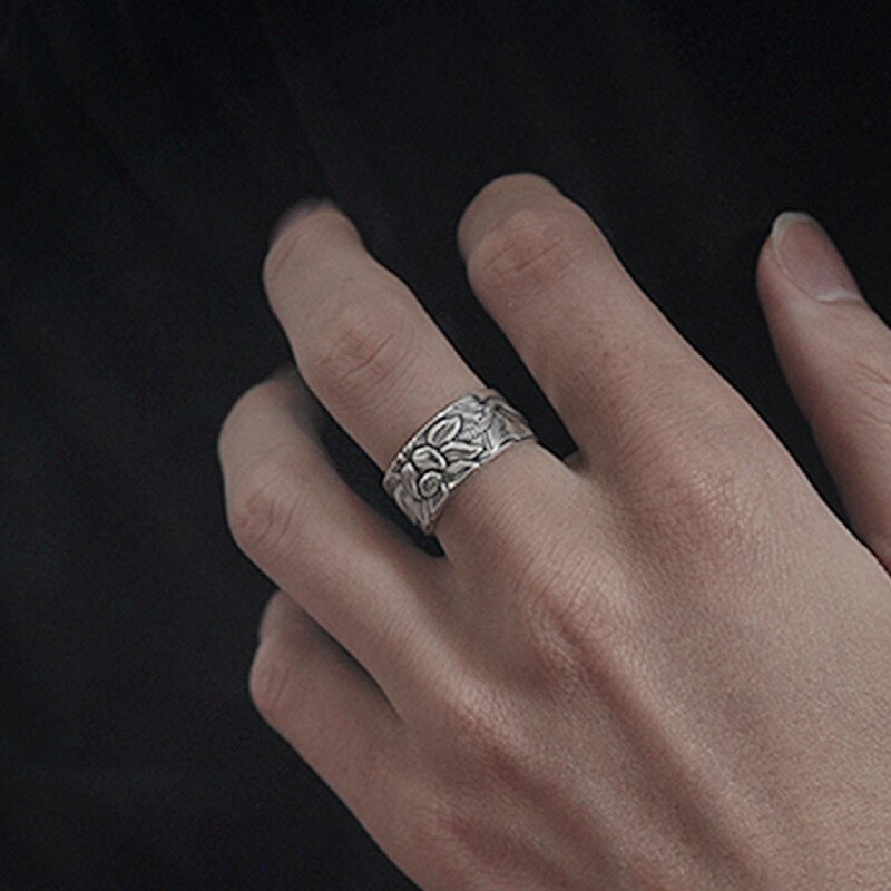 Lotus Flower Adjustable Silver Ring Engraved with Heart Sutra