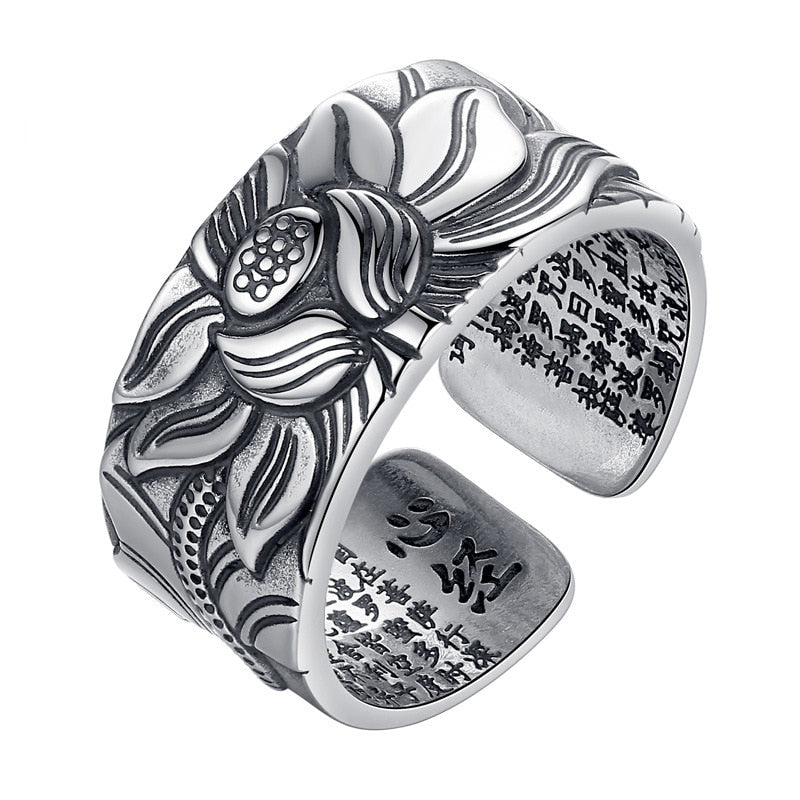 Lotus Flower Adjustable Silver Ring Engraved with Heart Sutra