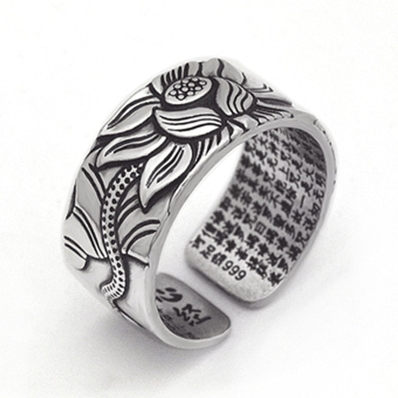 Lotus Flower Adjustable Silver Ring Engraved with Heart Sutra