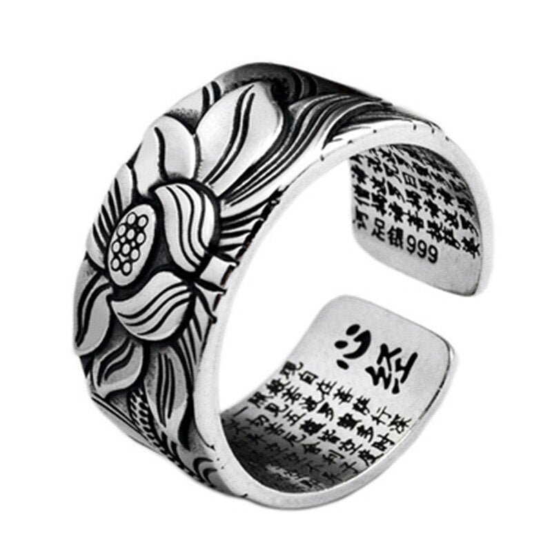Lotus Flower Adjustable Silver Ring Engraved with Heart Sutra
