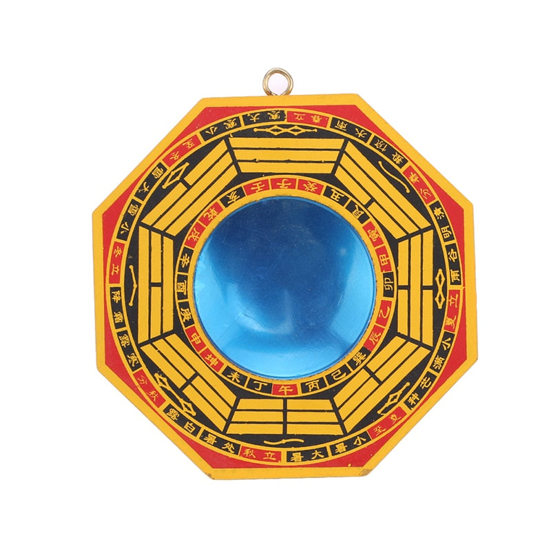 Vintage Style Bagua Mirror with 24 Mountains Symbols - Yellow with Auspicious Red Highlights