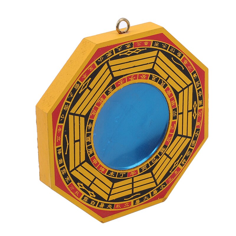 Vintage Style Bagua Mirror with 24 Mountains Symbols - Yellow with Auspicious Red Highlights