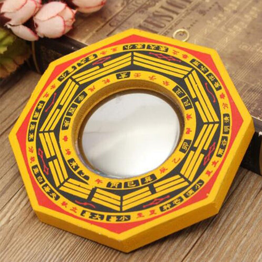 Vintage Style Bagua Mirror with 24 Mountains Symbols - Yellow with Auspicious Red Highlights