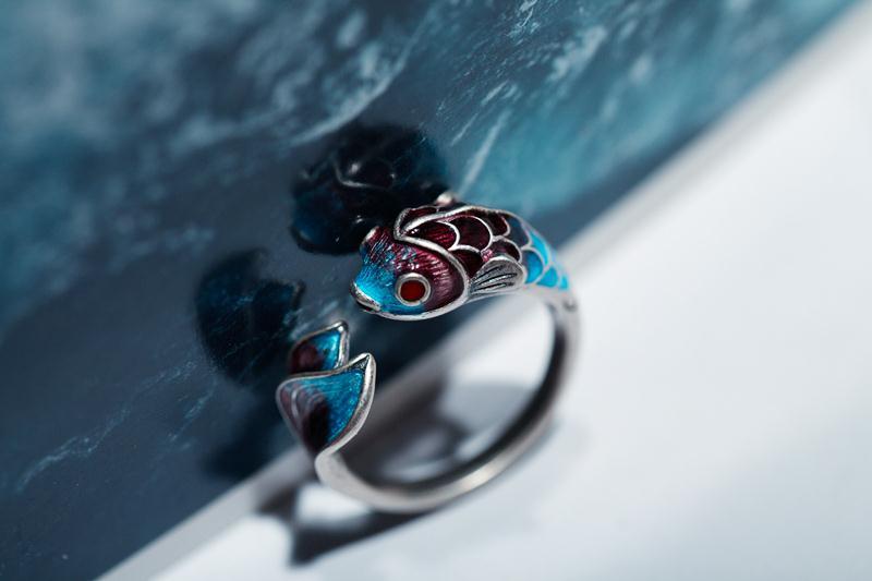 Elegant Silver Koi Fish Ring of Abundance & Prosperity with Enamel Coating