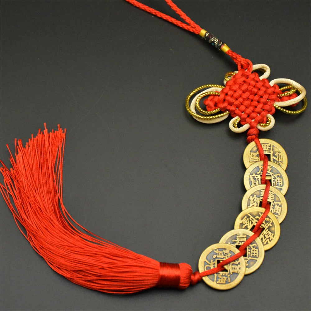 5 Emperor Coin Copper Charm with Red Tassel for Hanger Décor