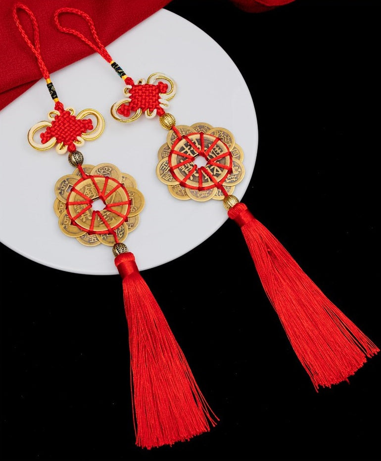 10 Emperor Round Coin Copper Charm with Red Ribbon & Tassel for Hanger Décor