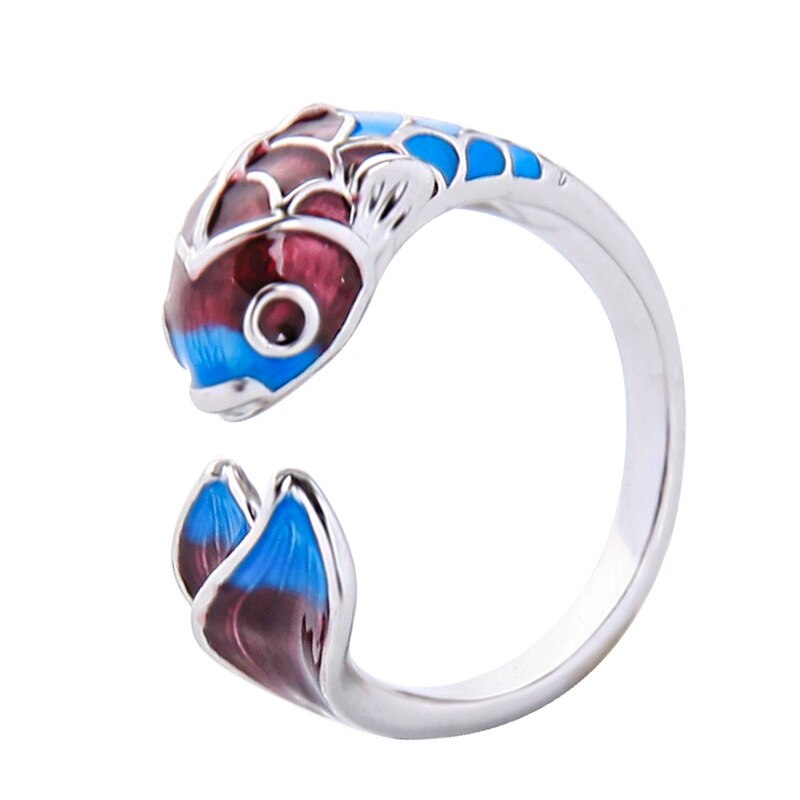 Elegant Silver Koi Fish Ring of Abundance & Prosperity with Enamel Coating