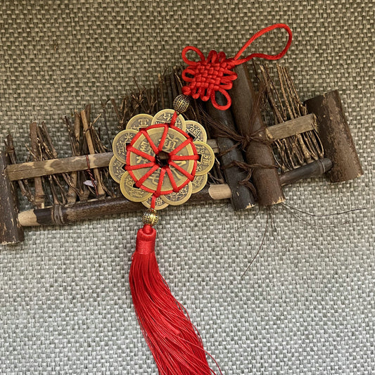 10 Emperor Round Coin Copper Charm with Red Ribbon & Tassel for Hanger Décor