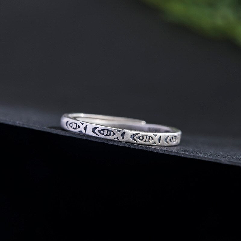 Fish & Abundance Adjustable Small Silver Ring