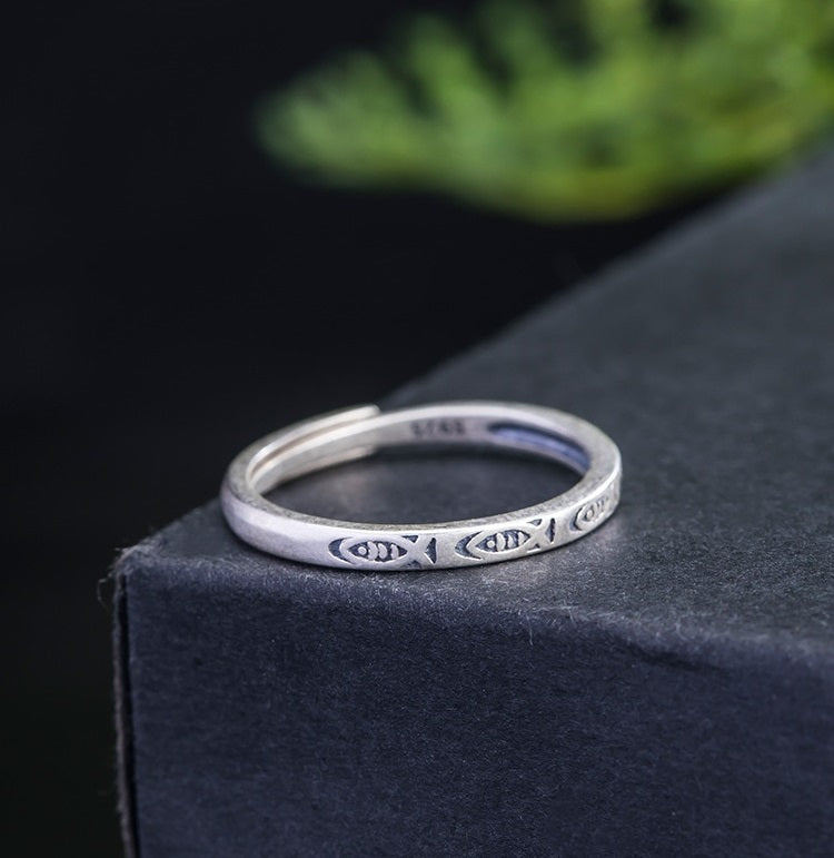 Fish & Abundance Adjustable Small Silver Ring