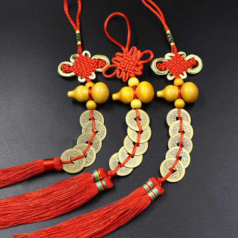5 Emperor Coin Copper Charm with Red Tassel for Hanger Décor