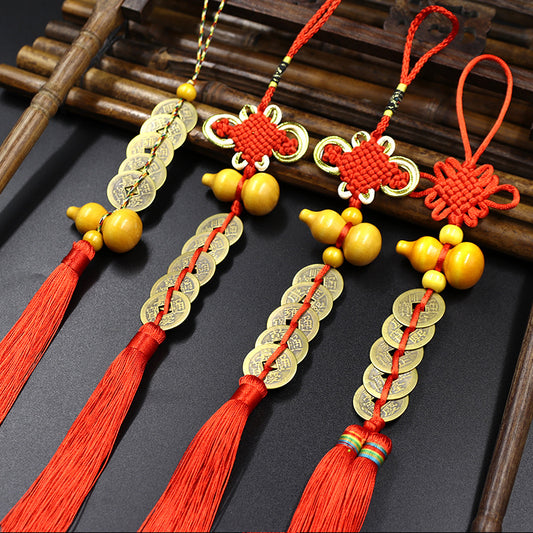 5 Emperor Coin Copper Charm with Red Tassel for Hanger Décor