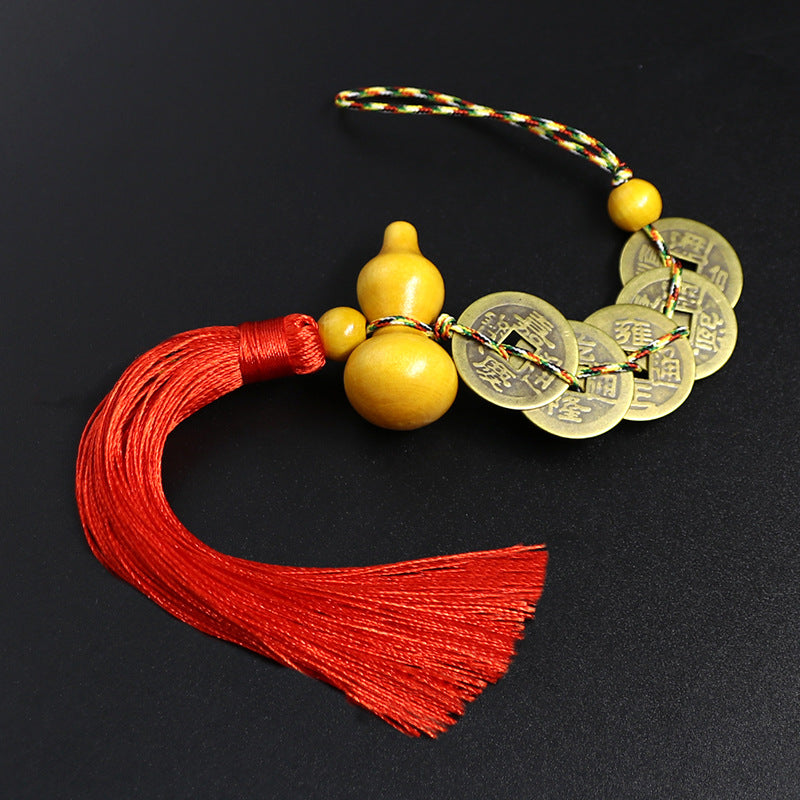 5 Emperor Coin Copper Charm with Red Tassel for Hanger Décor