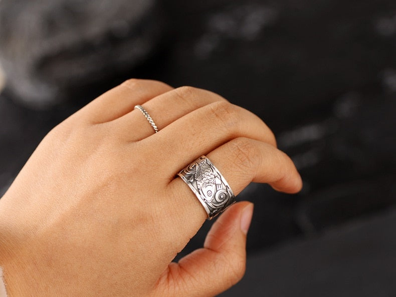 Koi Fish Adjustable Silver Ring of Abundance, Engraved with Heart Sutra