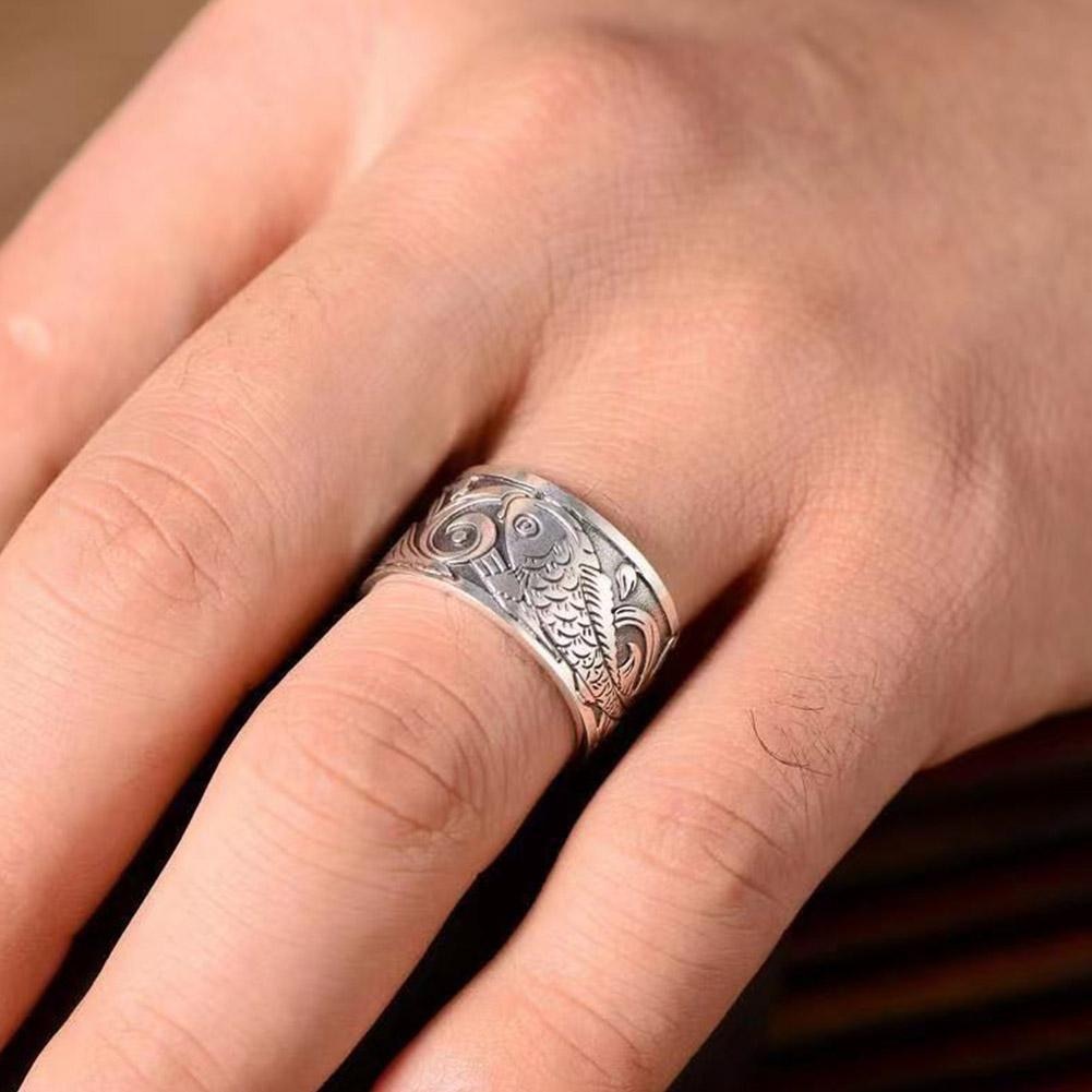 Koi Fish Adjustable Silver Ring of Abundance, Engraved with Heart Sutra