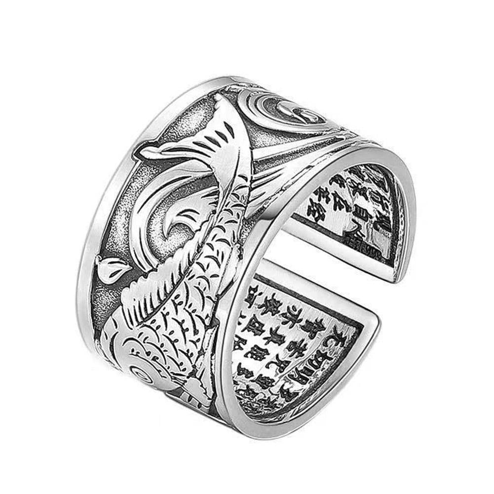 Koi Fish Adjustable Silver Ring of Abundance, Engraved with Heart Sutra