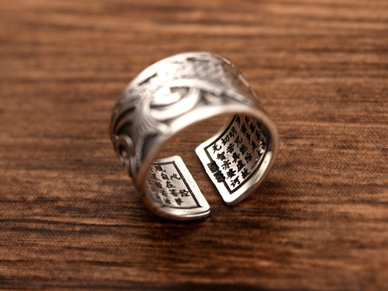 Koi Fish Adjustable Silver Ring of Abundance, Engraved with Heart Sutra