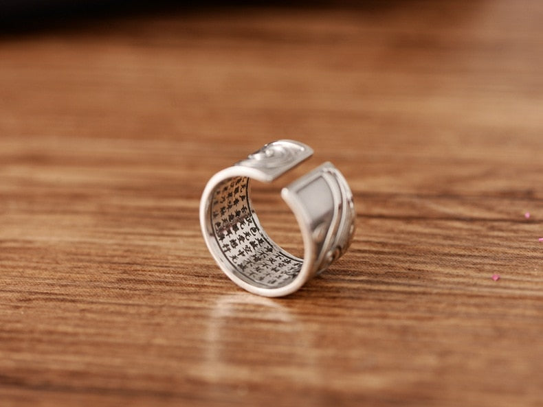 Koi Fish Adjustable Silver Ring of Abundance, Engraved with Heart Sutra