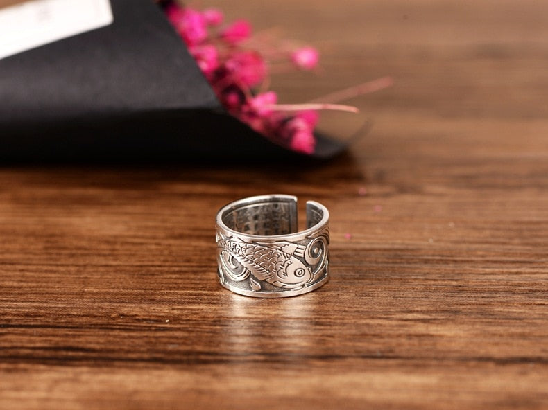 Koi Fish Adjustable Silver Ring of Abundance, Engraved with Heart Sutra