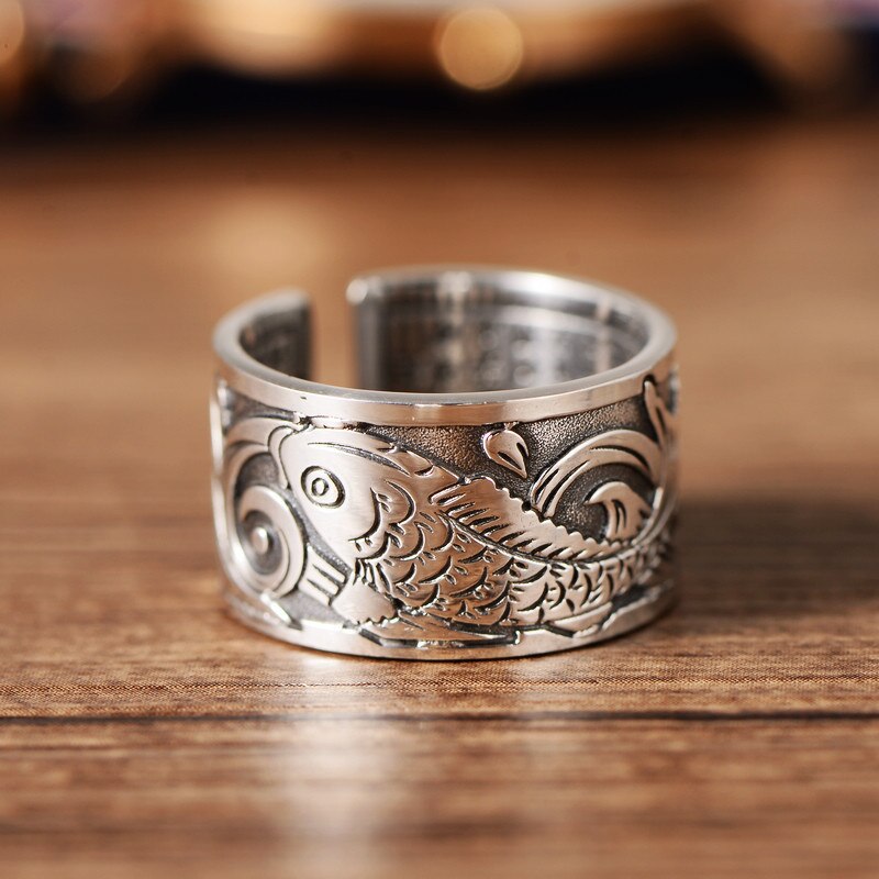 Koi Fish Adjustable Silver Ring of Abundance, Engraved with Heart Sutra