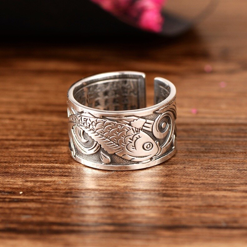 Koi Fish Adjustable Silver Ring of Abundance, Engraved with Heart Sutra