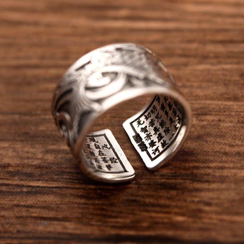 Koi Fish Adjustable Silver Ring of Abundance, Engraved with Heart Sutra