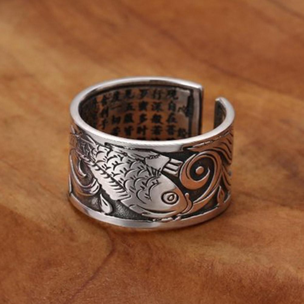 Koi Fish Adjustable Silver Ring of Abundance, Engraved with Heart Sutra