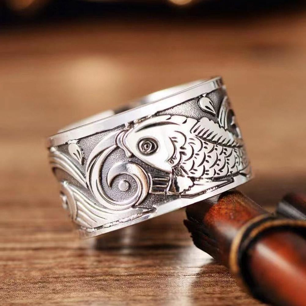 Koi Fish Adjustable Silver Ring of Abundance, Engraved with Heart Sutra