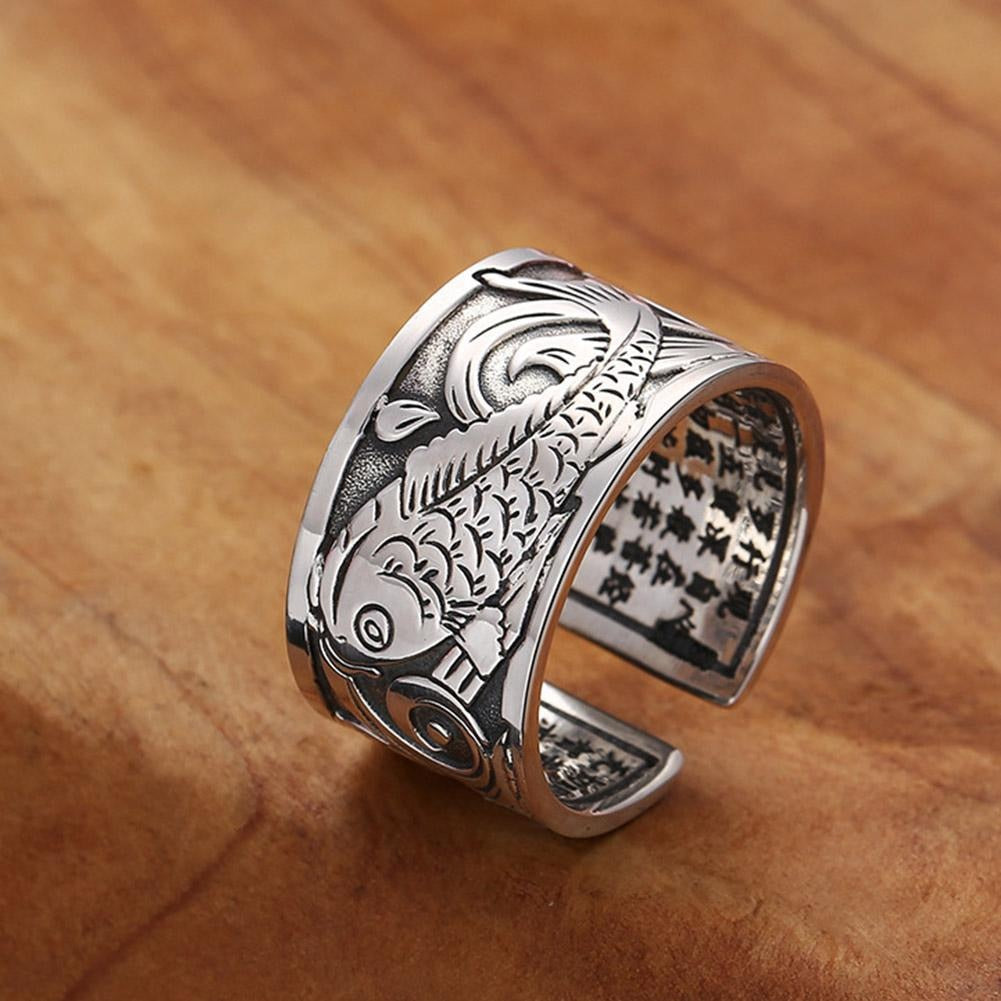 Koi Fish Adjustable Silver Ring of Abundance, Engraved with Heart Sutra