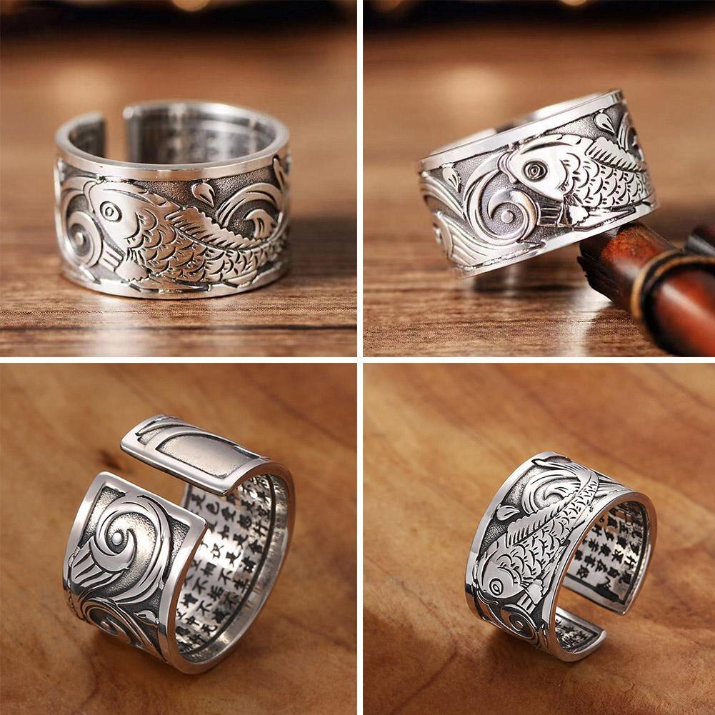 Koi Fish Adjustable Silver Ring of Abundance, Engraved with Heart Sutra