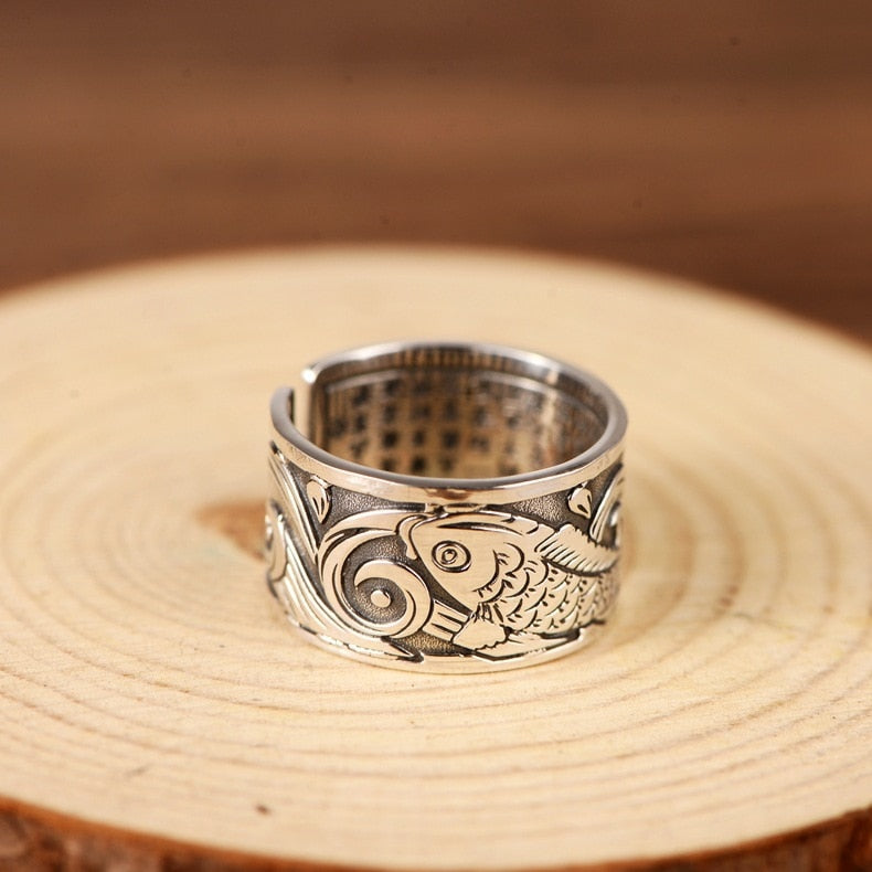 Koi Fish Adjustable Silver Ring of Abundance, Engraved with Heart Sutra