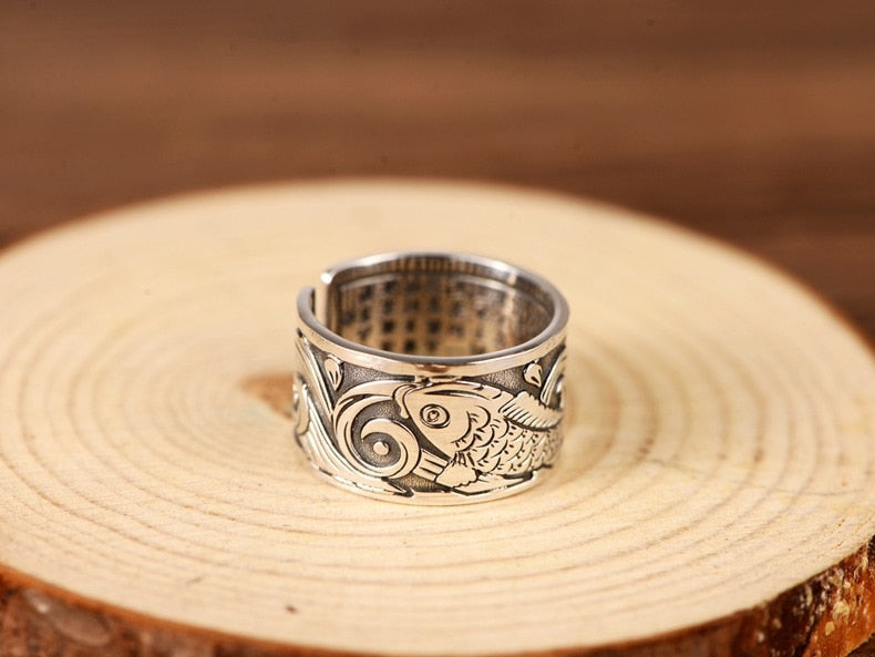 Koi Fish Adjustable Silver Ring of Abundance, Engraved with Heart Sutra