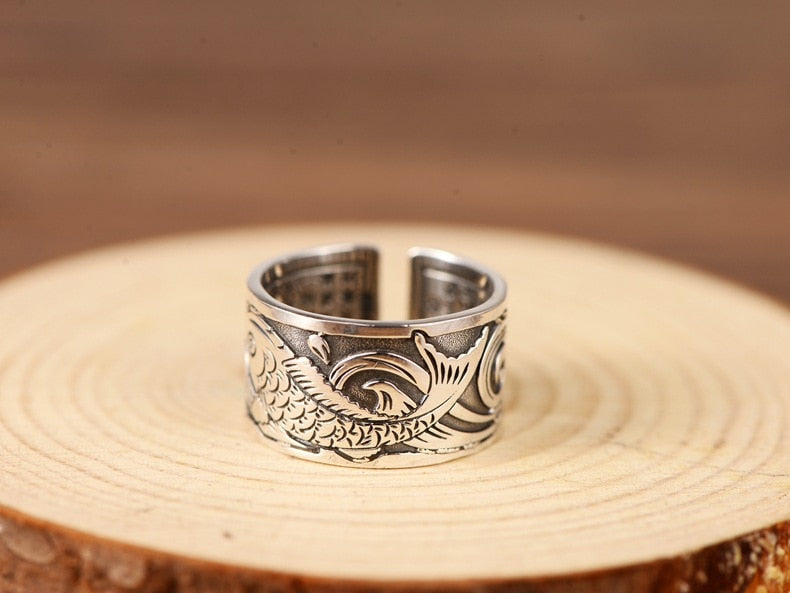 Koi Fish Adjustable Silver Ring of Abundance, Engraved with Heart Sutra